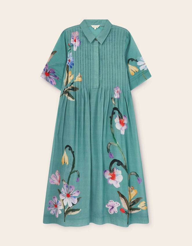 East Rihan Watercolour Floral Midi Shirt Dress, Green (MINT), large