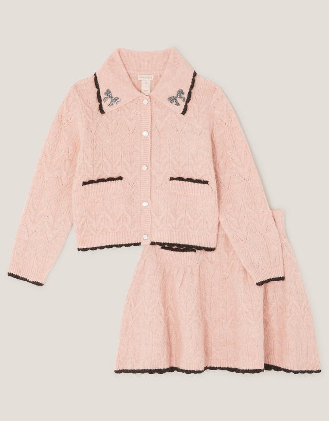 Bow Collar Cardigan & Knit Skirt Set, Pink (PINK), large