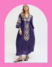 Raffya Ariana Embroidered Linen Maxi Dress, Blue (NAVY), large