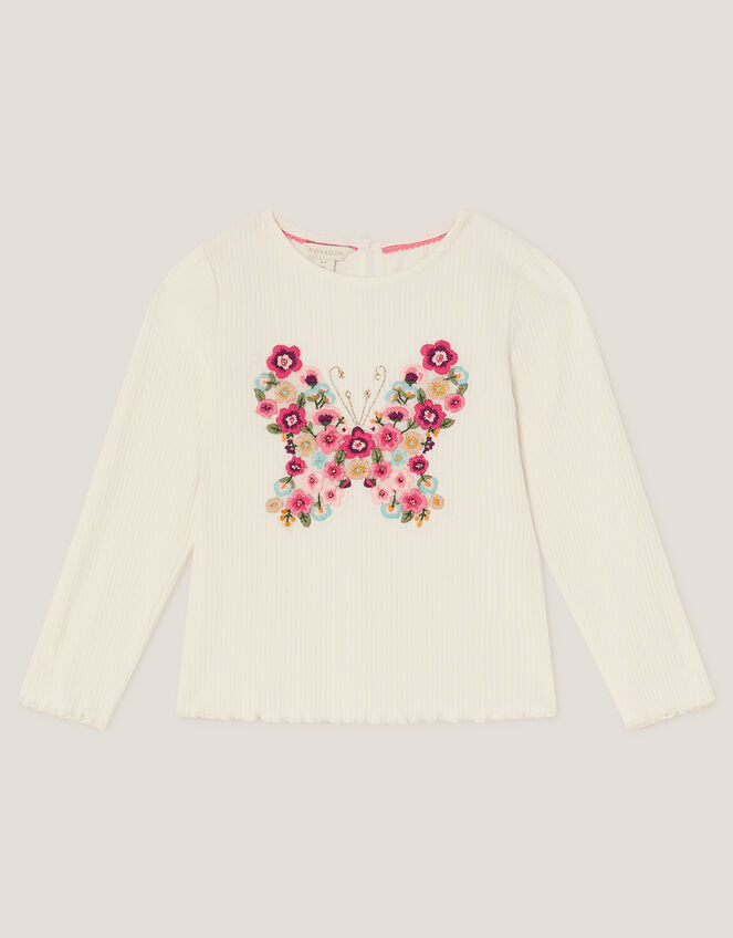 Butterfly Embroidered Ribbed Top, Ivory (IVORY), large
