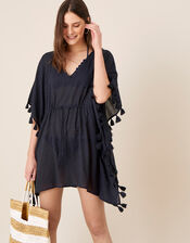 Plain Tassel Kaftan in Pure Cotton, Blue (NAVY), large