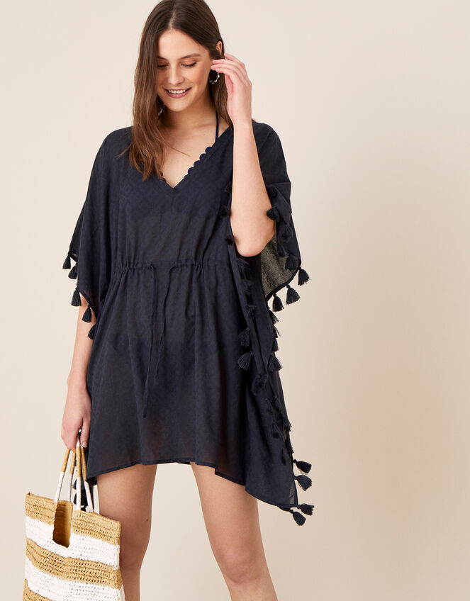 Plain Tassel Kaftan in Pure Cotton, Blue (NAVY), large