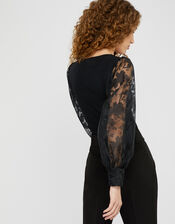 Amina Floral Organza Sleeve Top, Black (BLACK), large