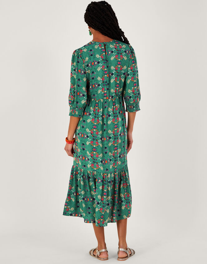Floral Printed ¾ Sleeve Shirred Dress in LENZING™ ECOVERO™, Green (GREEN), large