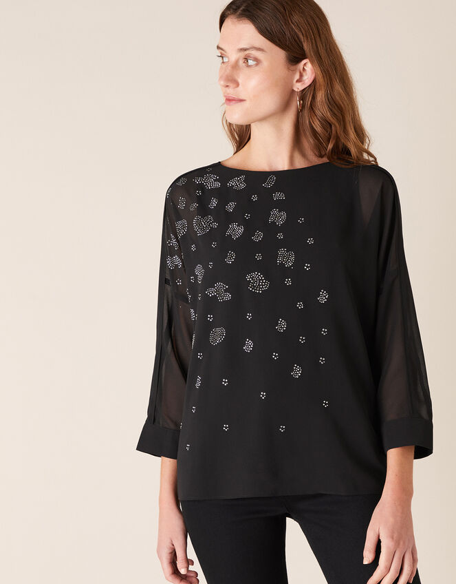 Leopard Heat-Seal Gem Blouse, Black (BLACK), large