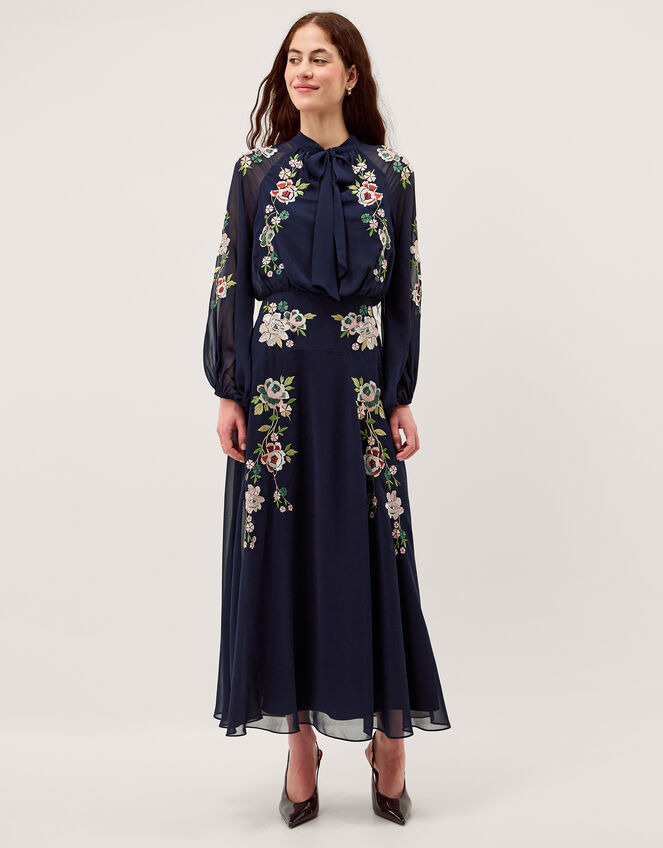 Annika Floral Embroidered Chiffon Midi Dress Blue