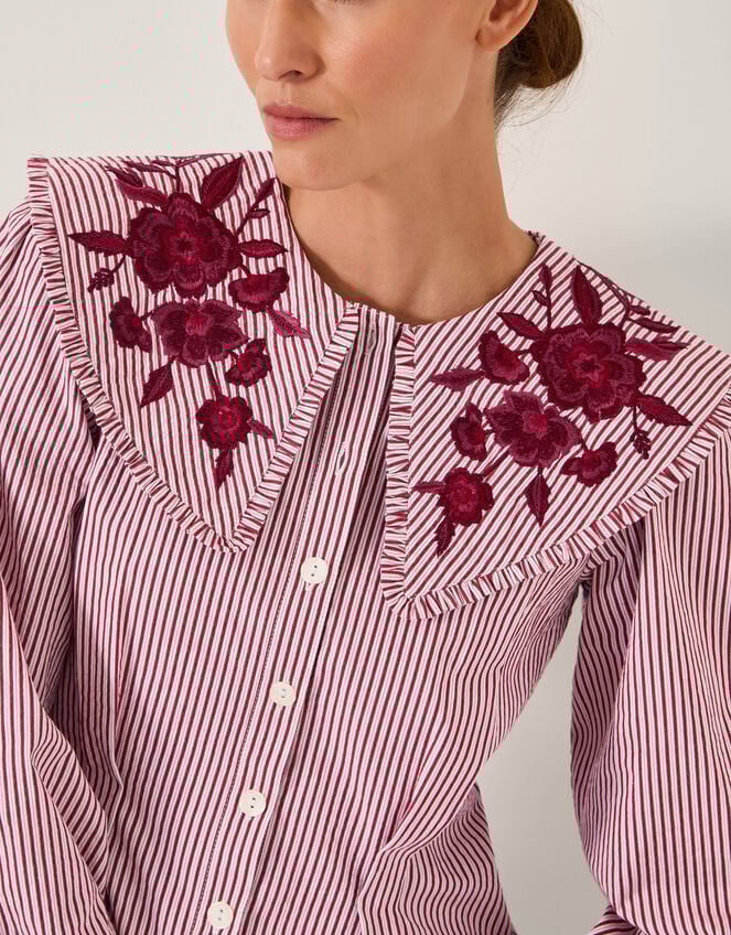 Marta Floral Embroidered Stripe Shirt, Red (CHERRY), large