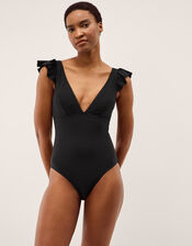 Kaylie Plunge Ruffle Swimsuit, Black (BLACK), large