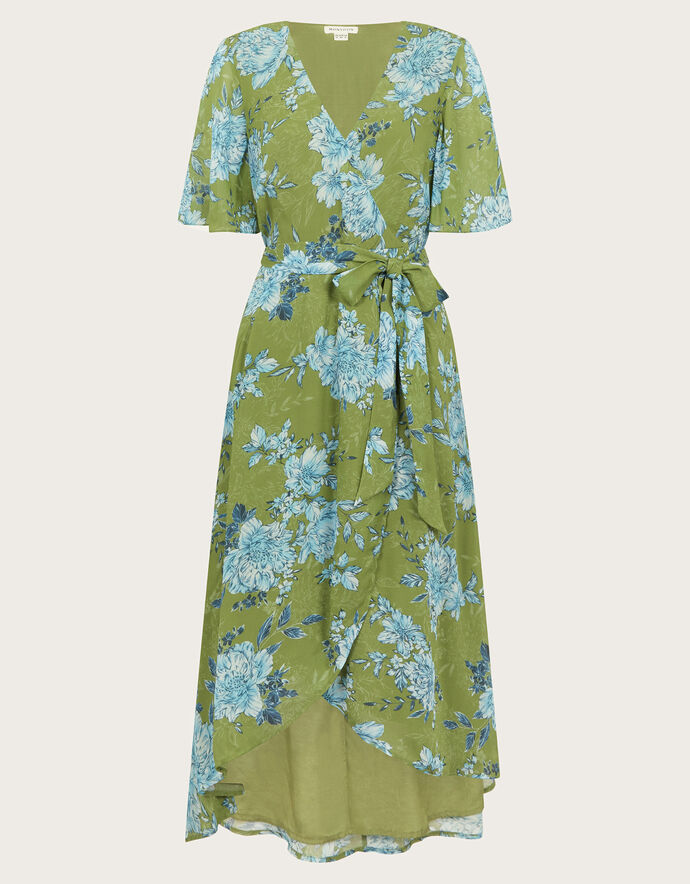 Flounce Midi Wrap Dress Dusty Green Patterned main image 0