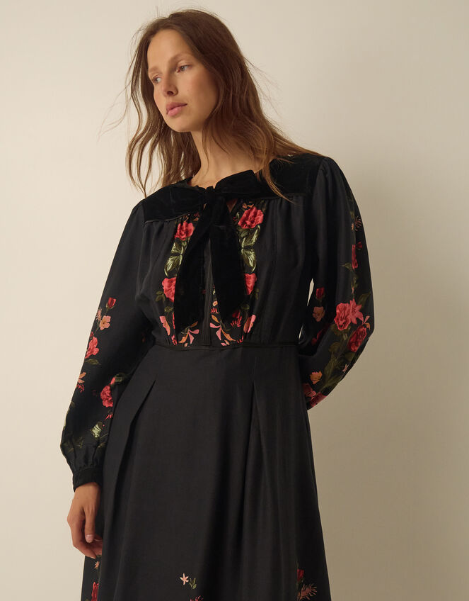Camille Velvet Bow Floral Print Midi Dress, Black (BLACK), large
