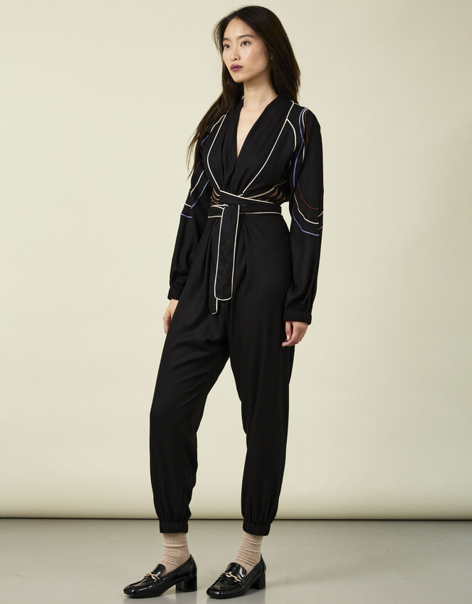 Tallulah and Hope Embroidered Satin Wrap Jumpsuit, Black (BLACK), large