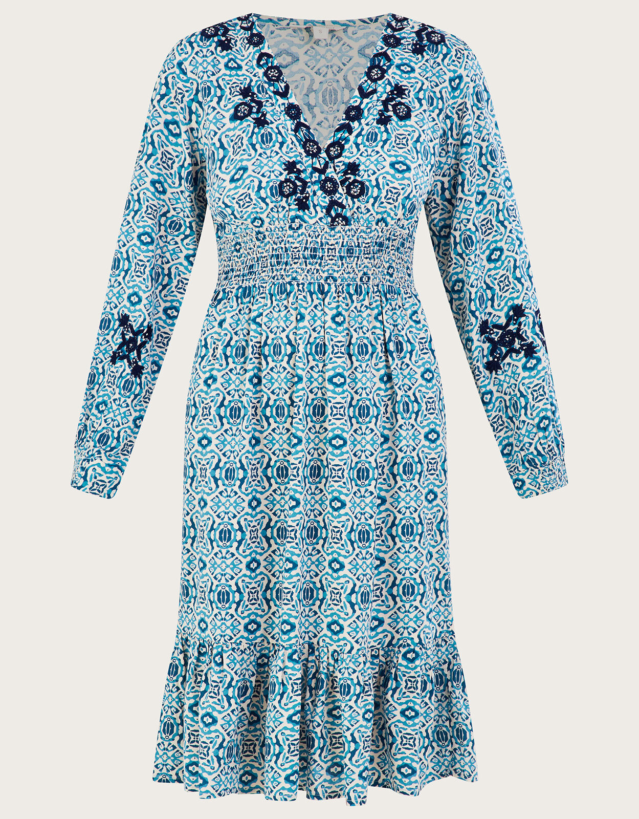 Faye Geometric Print Embroidered Dress in LENZING™ ECOVERO™ Blue