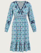 Faye Geometric Print Embroidered Dress in LENZING™ ECOVERO™, Blue (BLUE), large