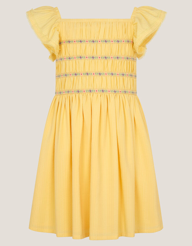 Stripe Shirred Lace Trim Dress, Yellow (YELLOW), large
