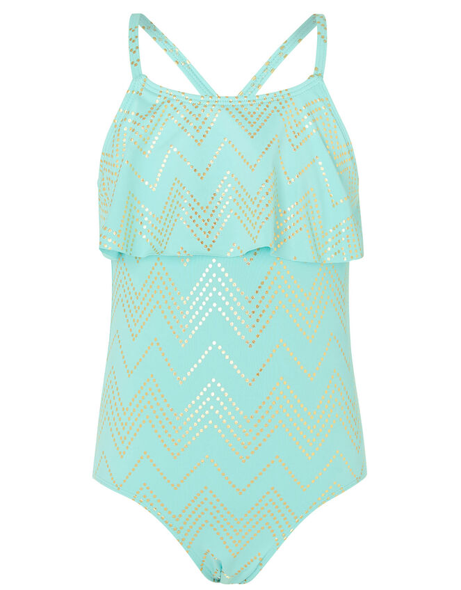 Chevron Foil Frill Swimsuit, Blue (TURQUOISE), large