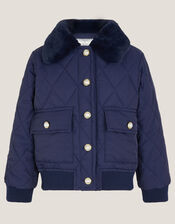 Faux Fur Collar Quilted Bomber Jacket, Blue (NAVY), large