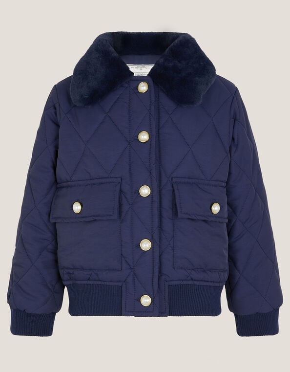 Faux Fur Collar Quilted Bomber Jacket, Blue (NAVY), large