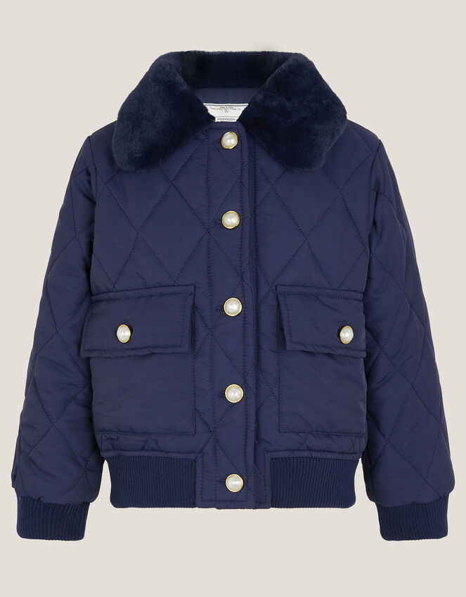Faux Fur Collar Quilted Bomber Jacket, Blue (NAVY), large