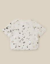 Frankie Short Sleeve Sequin Fringe Top, White (WARM IVORY), large