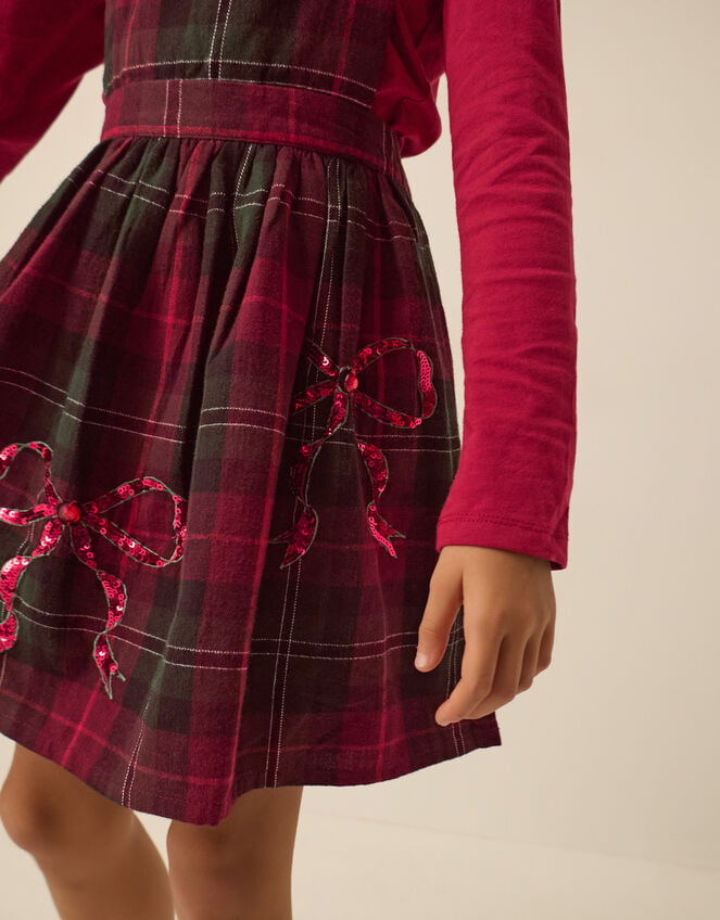 Frill Top & Tartan Pinafore Dress Set, Red (BURGUNDY), large