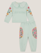 Baby Embroidered Floral Top & Jogger Set, Green (GREEN), large