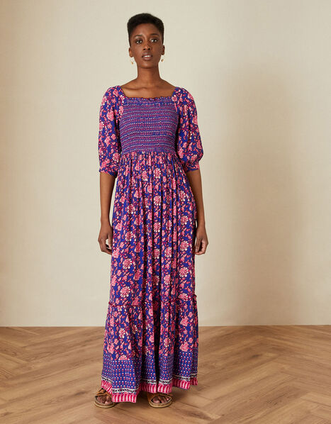 Shirred Bodice Floral Print Dress in LENZING™ ECOVERO™ Purple, Purple (PURPLE), large