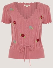 Edie Floral Embroidered Short Sleeve Jumper, Pink (PINK), large