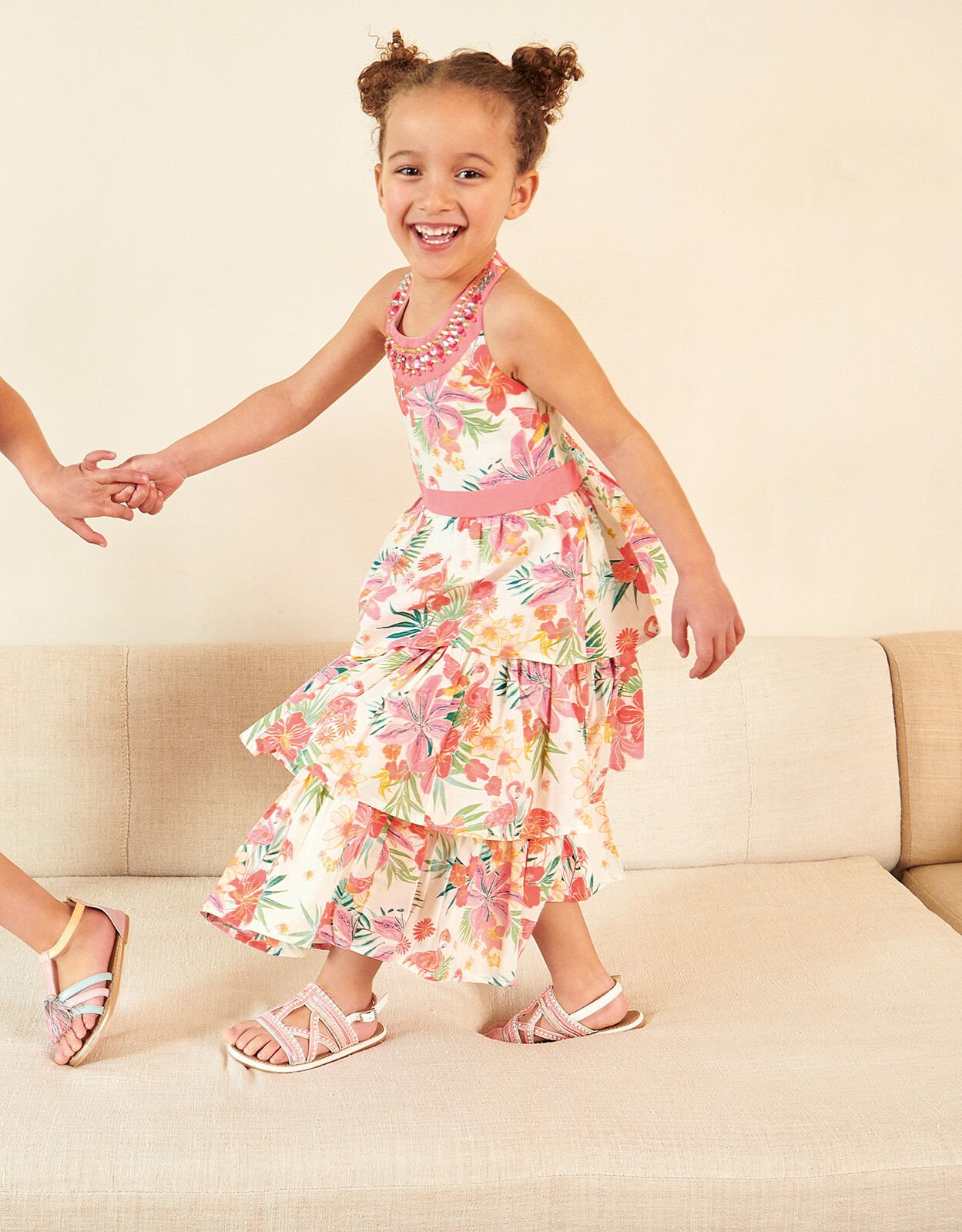 Tropical Flamingo Print Halter Maxi Dress Ivory