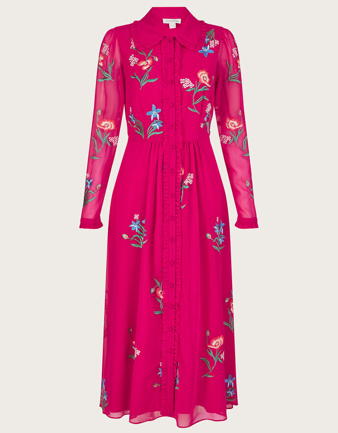 Mara Embroidered Shirt Dress in Recycled Polyester Pink Evening Dresses Monsoon UK.