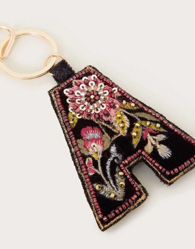 Embellished Floral Initial Keyring, Black (BLACK), large