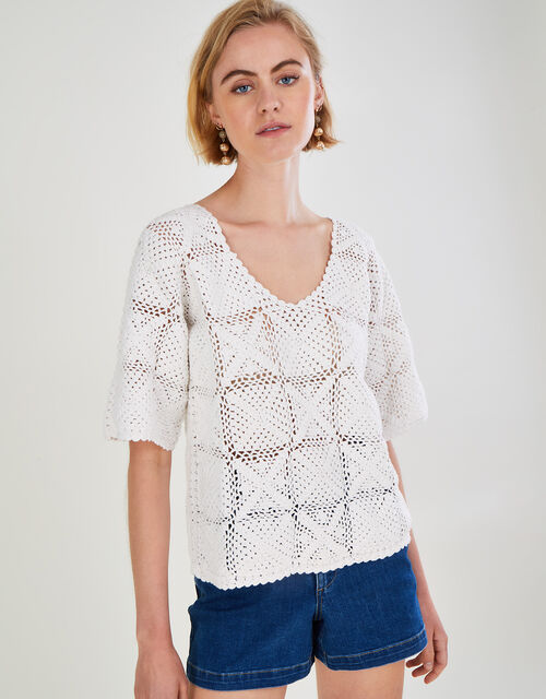 Crochet V-Front V-Back Jumper in Sustainable Cotton, Natural (NATURAL), large