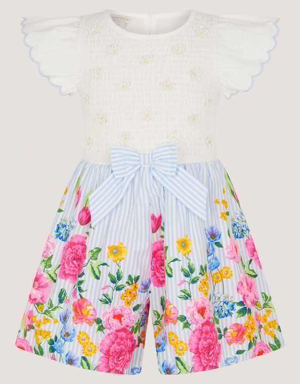 Floral Print Bow Shirred Playsuit, Blue (BLUE), large