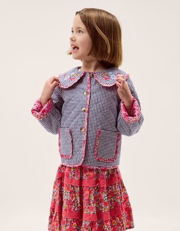 Floral Print Gingham Jacket, Blue (NAVY), large