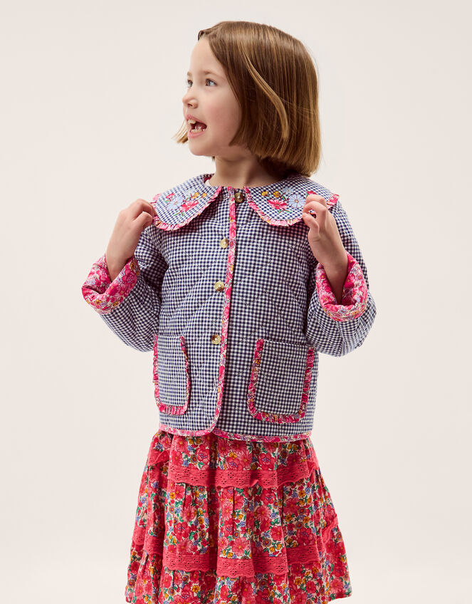 Floral Print Gingham Jacket, Blue (NAVY), large