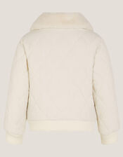 Faux Fur Collar Quilted Bomber Jacket, Cream (CREAM), large