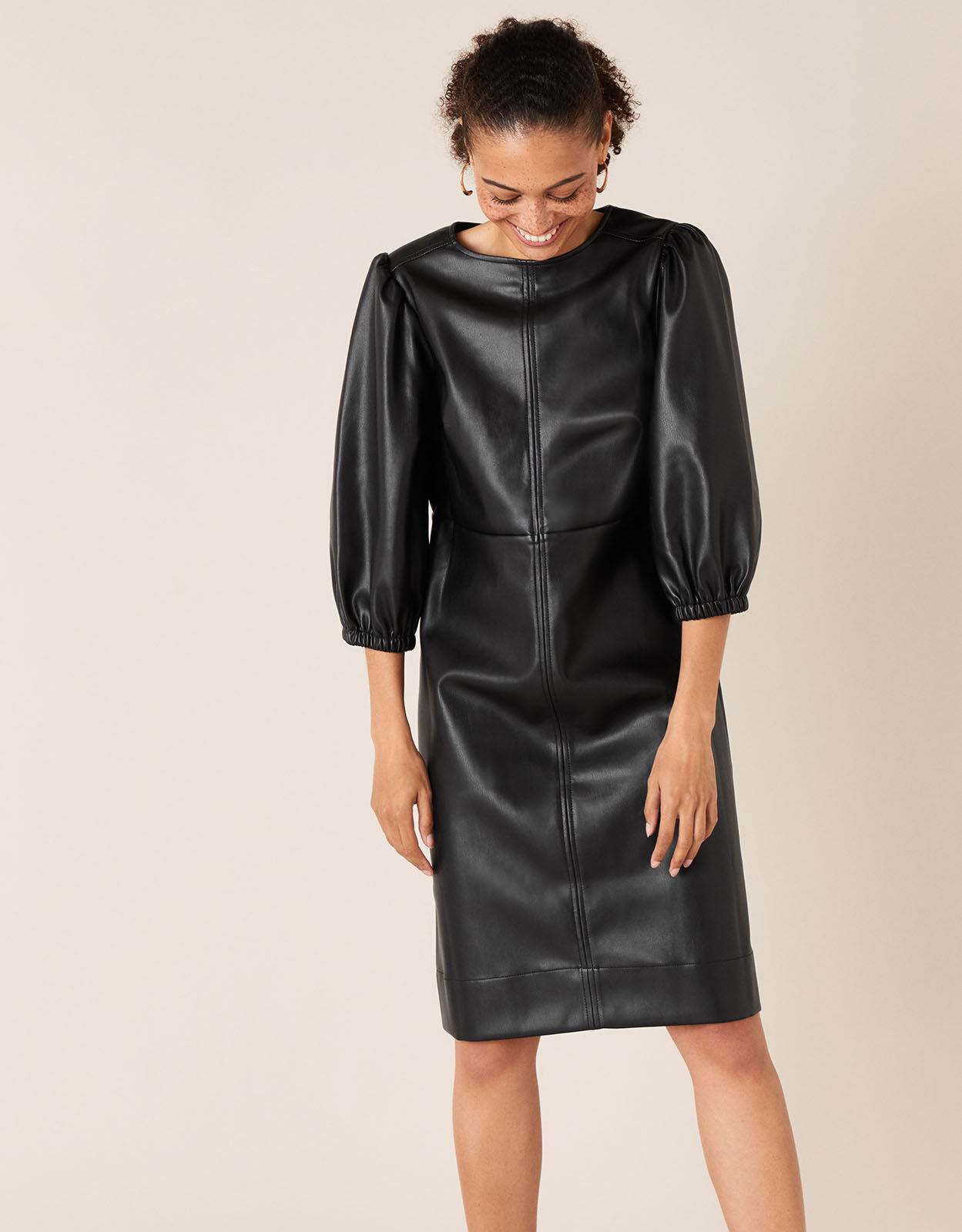 Round Neck Leather Look Dress Black