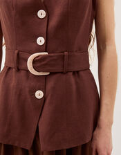 Margot Sleeveless Belted Linen Midi Dress, Brown (CHOCOLATE), large