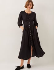 Polly Linen Blend Pintuck Pleat Midi Dress, Black (BLACK), large