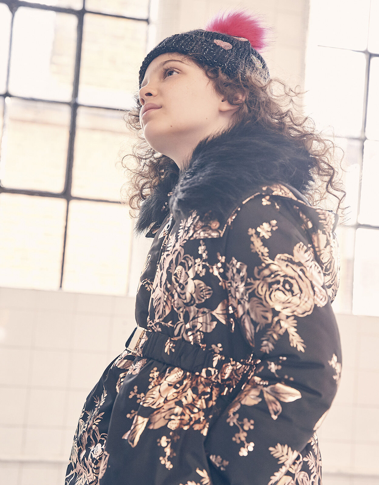 Foil Floral Padded Coat Black