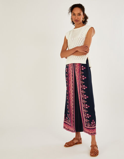 Placement Print Wide Leg Trousers, Blue (NAVY), large