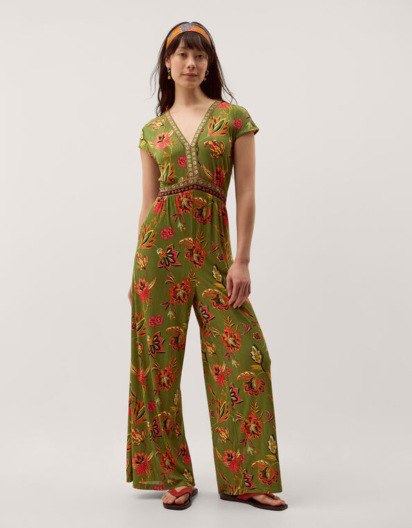 Zainab Floral Jersey Wide Leg Jumpsuit, Green (GREEN), large