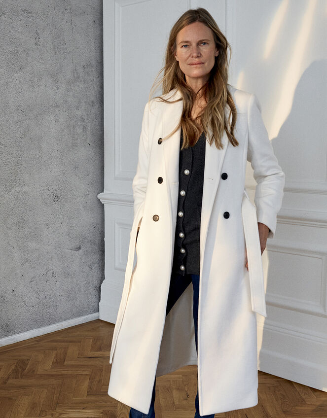 Double-Breasted Long Coat, White (WHITE), large