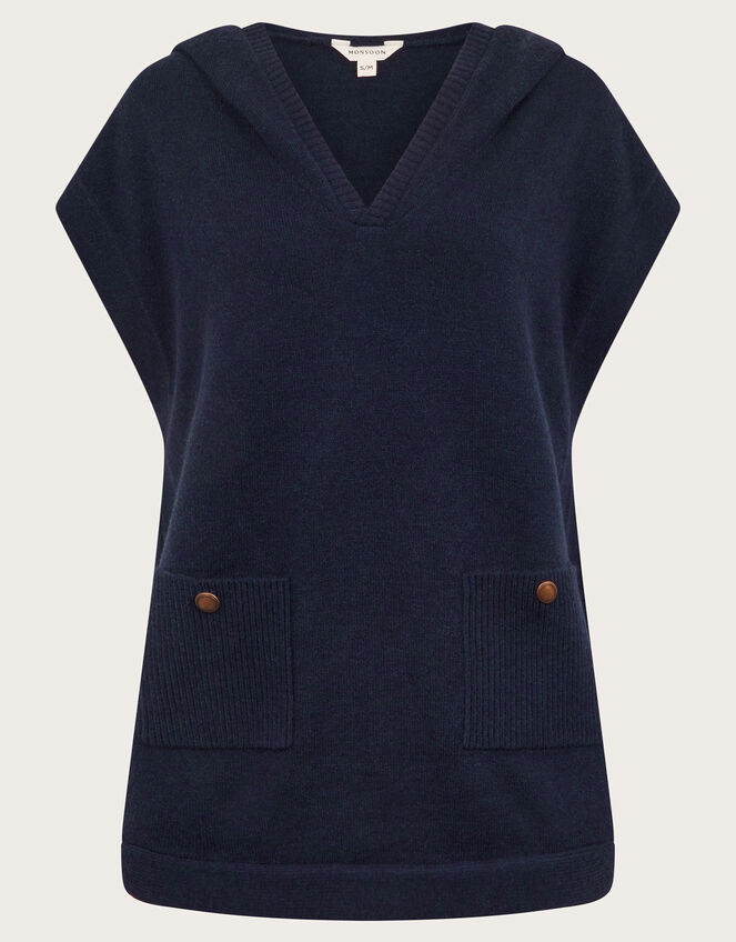 Sleeveless Knitted Hoodie, Blue (NAVY), large