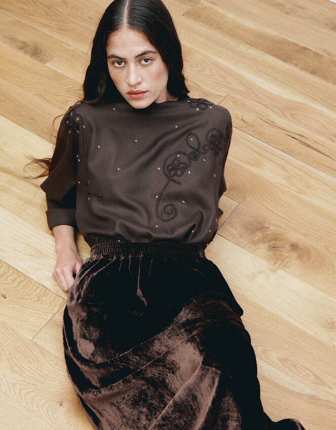 East Laurie Velvet Midi Skirt, Brown (DARK BROWN), large