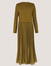 Penny Pleated Midi Dress, Green (OLIVE), large