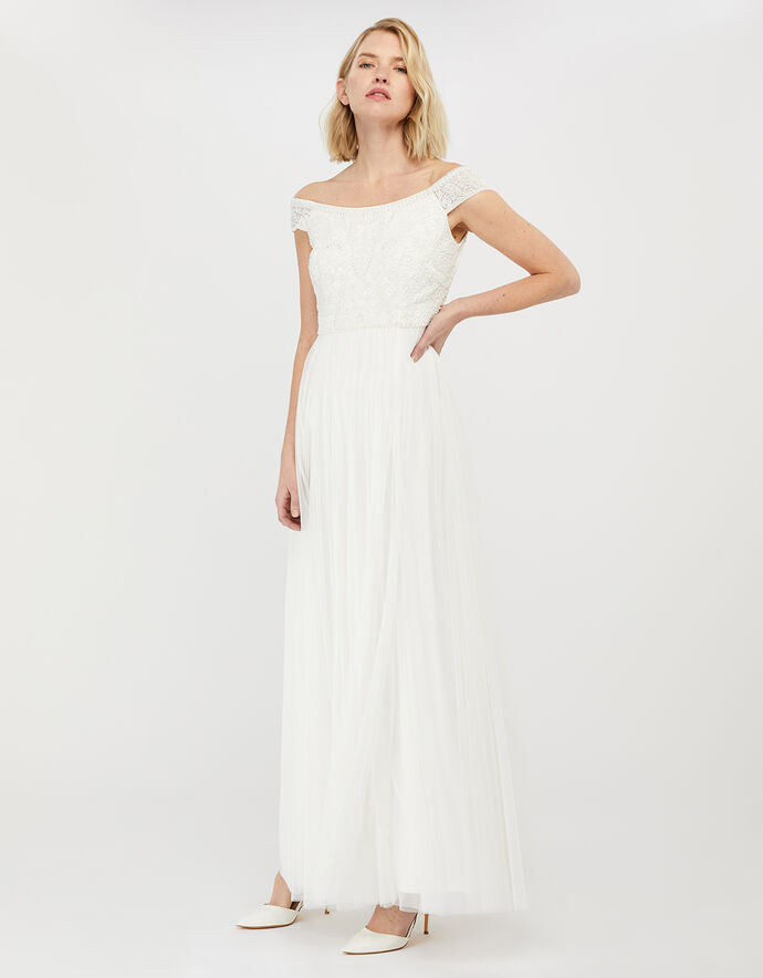 Emmeline Embellished Bardot Bridal Dress Ivory | Wedding Dresses ...