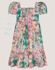 Floral Patchwork Shirred Dress, Green (GREEN), large