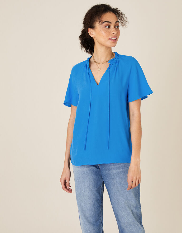 Ruffled Printed Tie Neck Short Sleeve Blouse