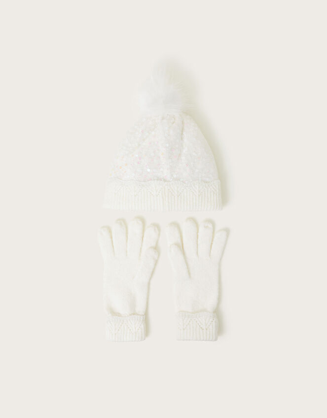 Lizzie Sequin Hat and Gloves Set, Ivory (IVORY), large