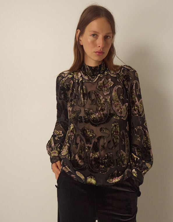 Jaz High Neck Paisley Devor&eacute; Top, Green (OLIVE), large